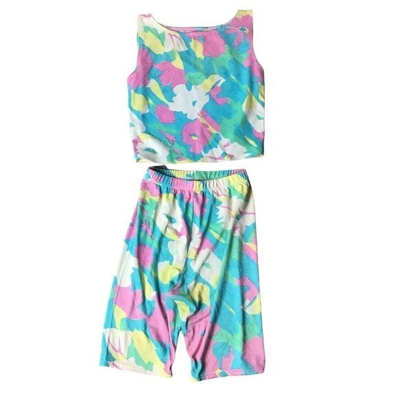 Parklane Crop Top and Biker Shorts Tropical Workout Set - Picture 1 of 4